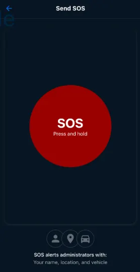 A mobile app emergency screen with a large red SOS button that says "Press and hold" on a dark blue background.