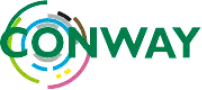 Das bunte Conway-Logo mit grünen, blauen, rosa und gelben Elementen in einem kreisförmigen Design.
