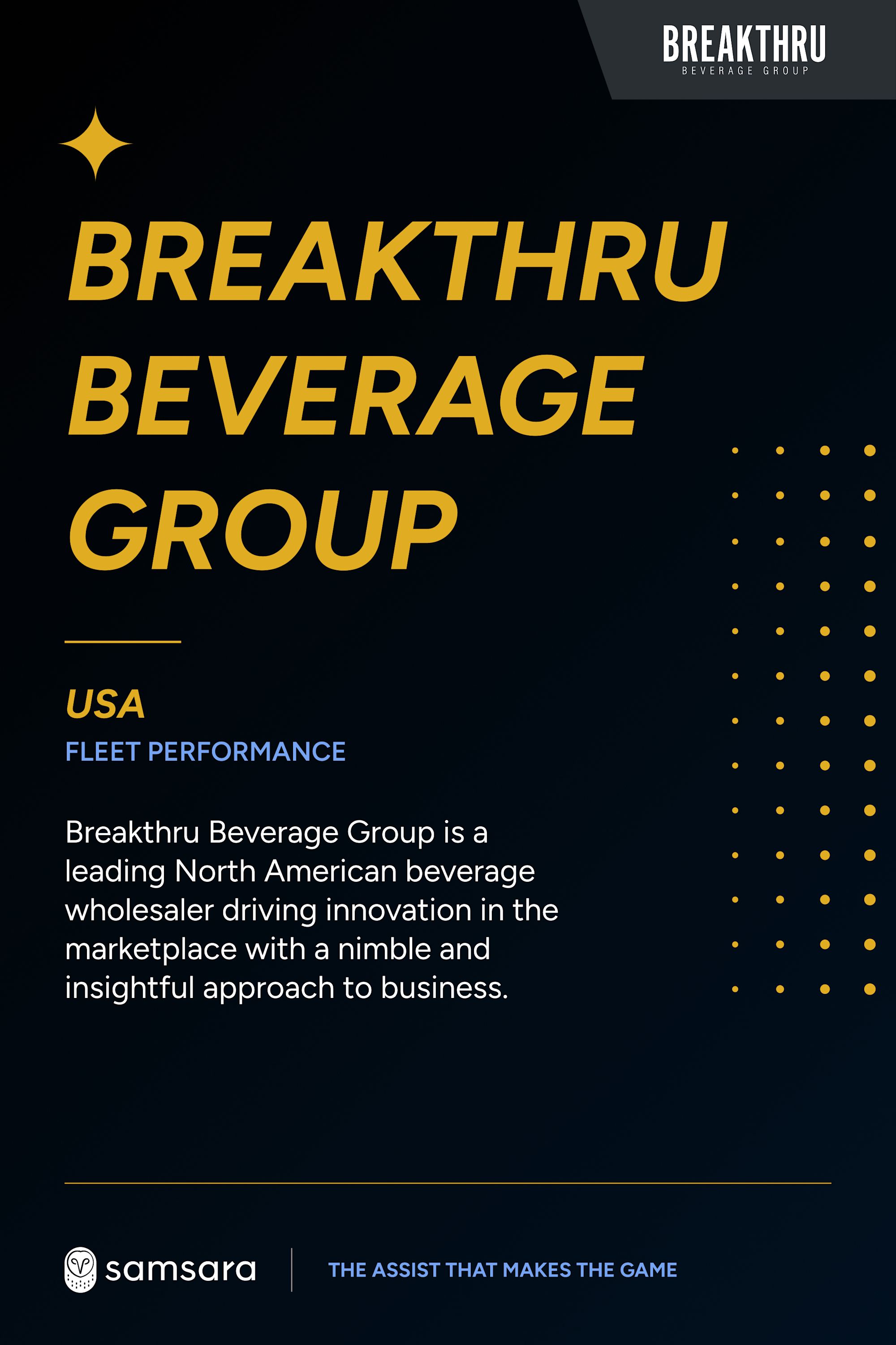 Breakthru Beverage Group promotional card highlighting USA fleet performance, featuring Samsara logo.