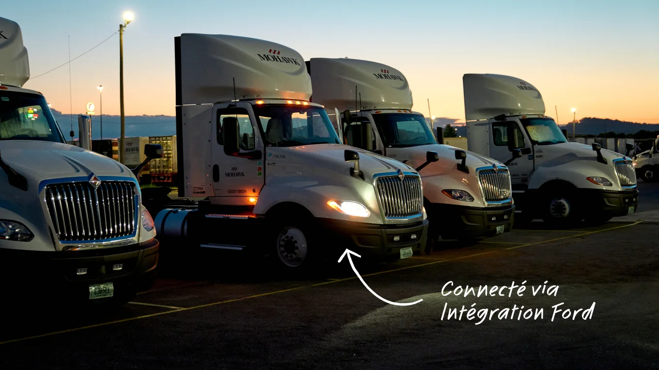 Rangée de camions Volvo blancs et bleus garés, avec texte "Connecté via intégration Ford" et une flèche.