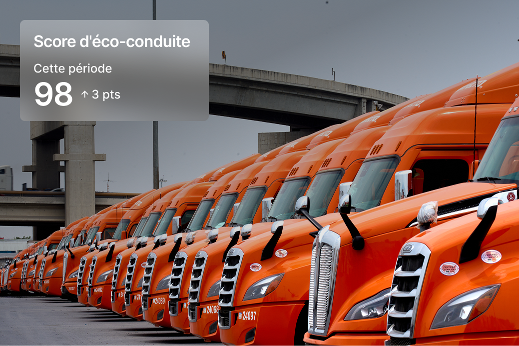 Flotte de camions affichant « score d'éco-conduite 98, en hausse de 3 points »