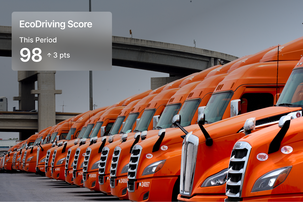 truck fleet reading "ecodriving score 98 up 3 points"