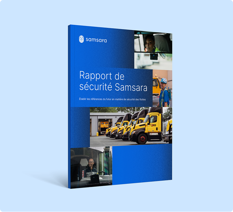 Samsara Safety Report cover with blue background showing drivers, fleet workers, and green Conway trucks.