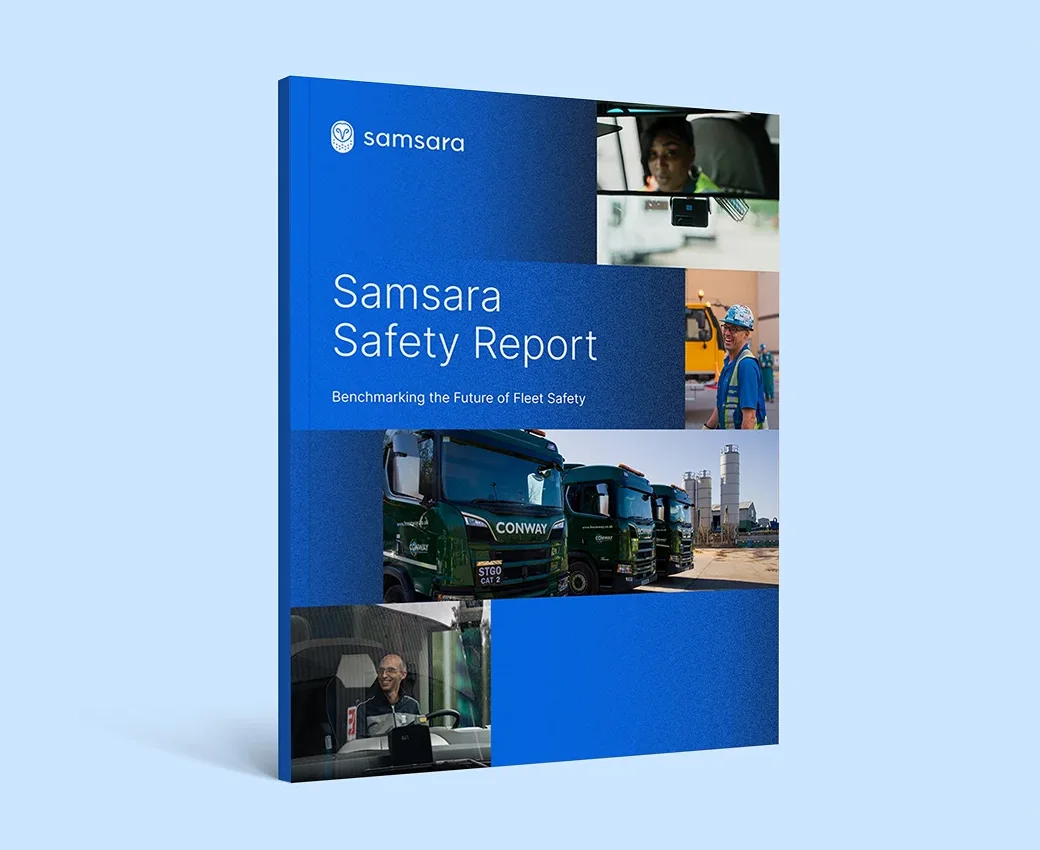 Couverture du rapport de sécurité Samsara avec photos de conducteurs, travailleurs et camions verts sur fond bleu.