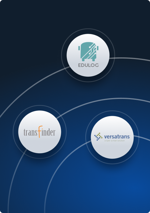 Three circular logos on dark blue background: Edulog at top, Transfinder and Versatrans below, connected by curved lines.
