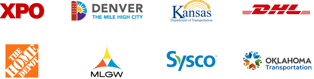 Logos of partner organizations including XPO, Denver, Kansas DOT, DHL, Home Depot, MLGW, Sysco, and Oklahoma Transportation.