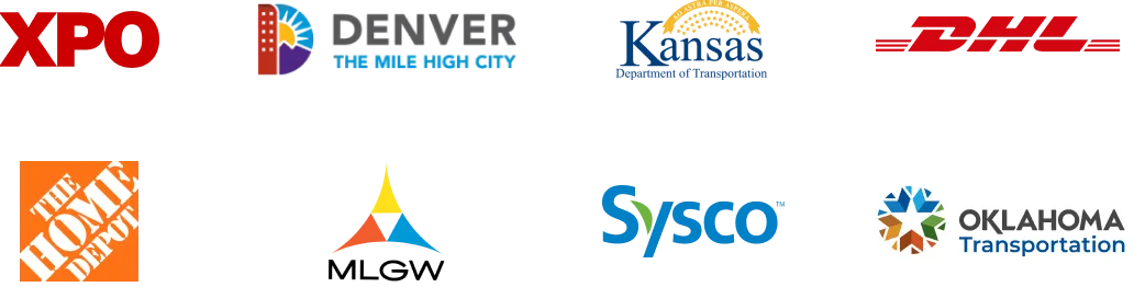Logos of partner organizations including XPO, Denver, Kansas DOT, DHL, Home Depot, MLGW, Sysco, and Oklahoma Transportation.