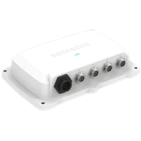 Dispositivo electrónico rectangular blanco con múltiples conectores circulares de metal y un conector negro en un lado.