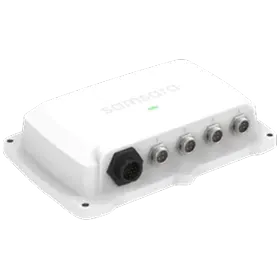 Appareil électronique rectangulaire blanc avec plusieurs connecteurs métalliques circulaires et un connecteur noir à côté.