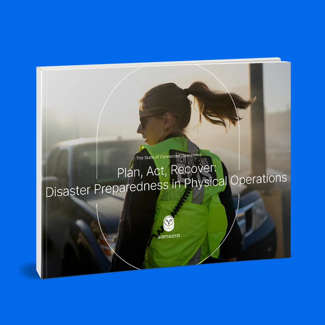 Book cover showing person in bright green safety vest with "Plan, Act, Recover: Disaster Preparedness in Physical Operations"