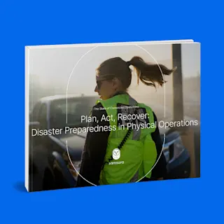Book cover showing person in bright green safety vest with "Plan, Act, Recover: Disaster Preparedness in Physical Operations"