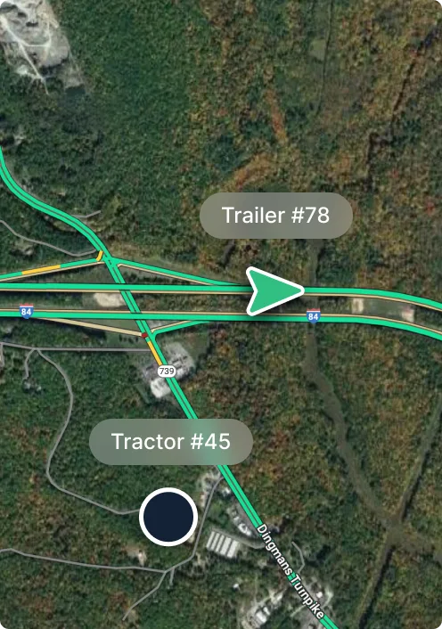 Aerial map view showing highway interchange with markers for Trailer #78 and Tractor #45, surrounded by forested area.