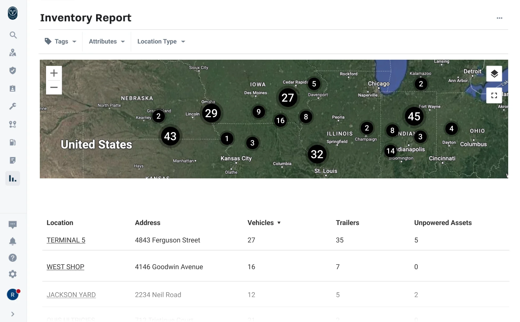 Screenshot of the Samsara Dashboard inventory report showing each location.