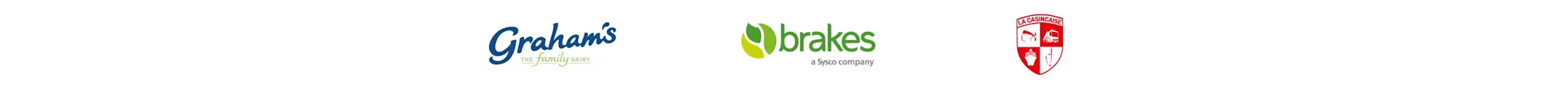 Rij van bedrijfslogo's van de voedingsindustrie, waaronder Glazer's, Sysco, UNFI, KeHE, en Dairy Farmers of America (DFA).