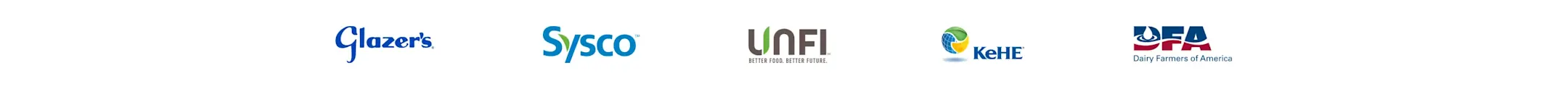 Fila de logos de empresas de la industria alimentaria, como Glazer's, Sysco, UNFI, KeHE y Dairy Farmers of America (DFA).