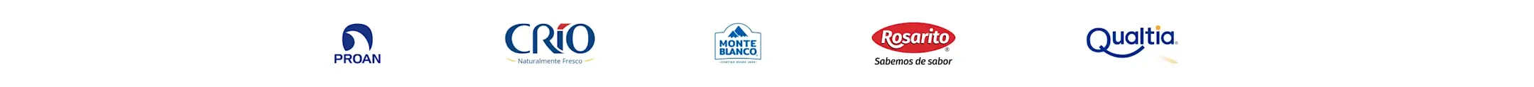 Logotipos de cinco marcas alimenticias: Proan, Crío, Monte Blanco, Rosarito y Qualtia alineados horizontalmente.