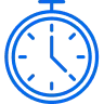 Un cronómetro o reloj azul con manecillas marcando las 5 en punto, diseñado en estilo de icono simple