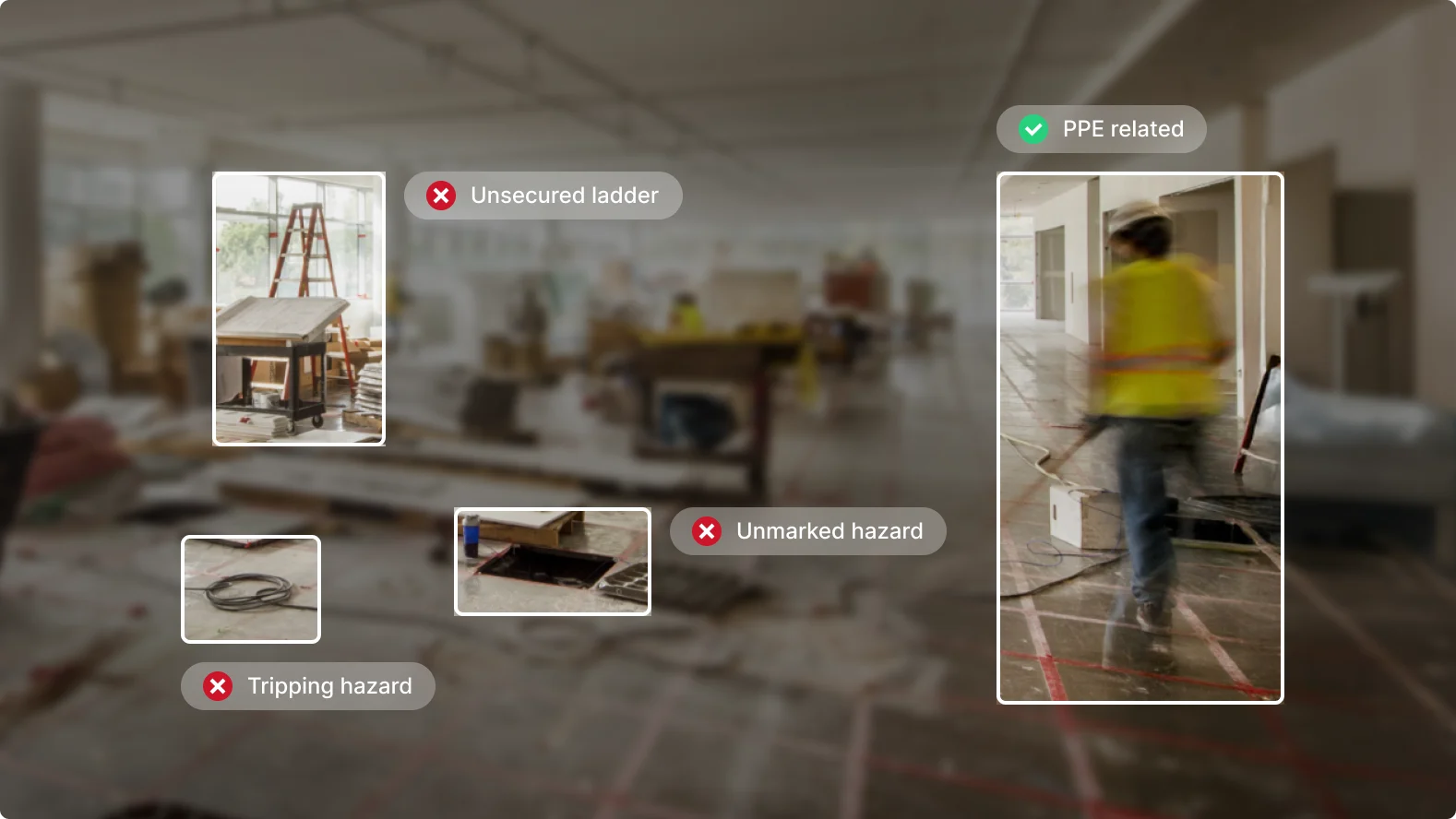 Construction site safety analysis showing hazards: unsecured ladder, unmarked hazard, tripping hazard, and proper PPE usage.
