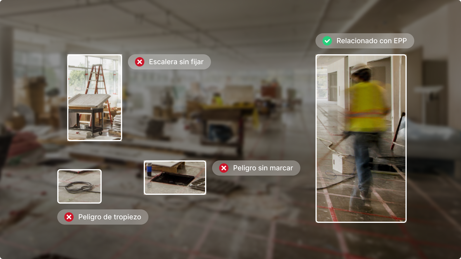 Análisis de seguridad del sitio con peligros: escalera insegura, peligro sin marcar, de tropiezo y uso adecuado de EPP.