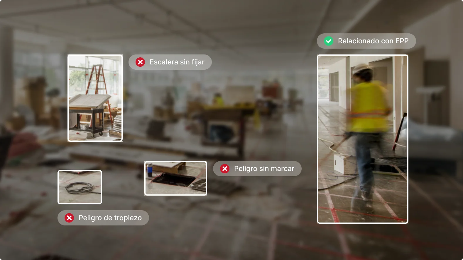 Análisis de seguridad del sitio con peligros: escalera insegura, peligro sin marcar, de tropiezo y uso adecuado de EPP.