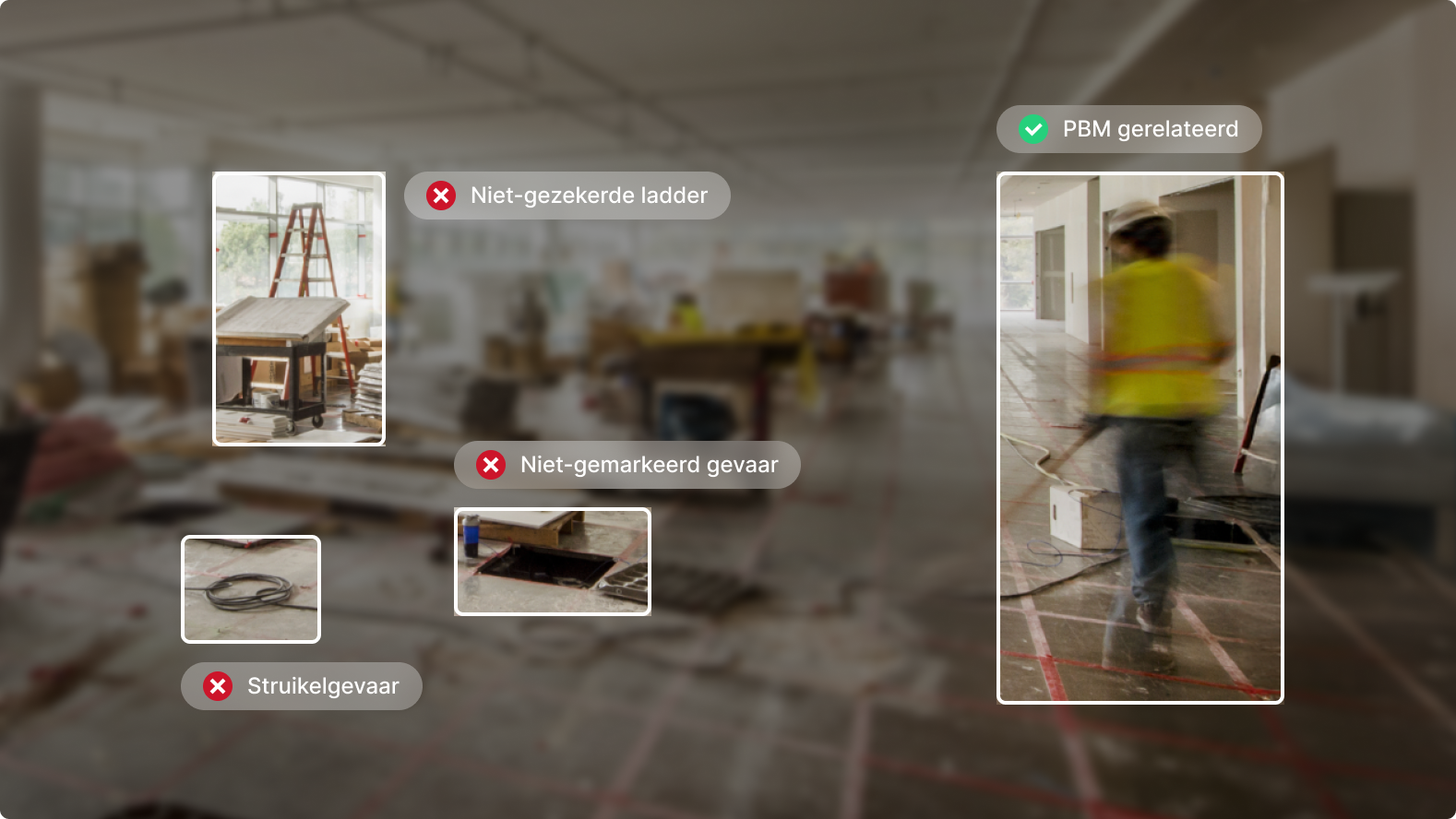Veiligheidsanalyse van de bouwlocatie: losse ladder, niet-gemarkeerd risico, struikelgevaar en correct gebruik van pbm.