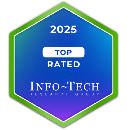 Blue and green hexagonal badge with "2025 TOP RATED" and "Info-Tech Research Group" text