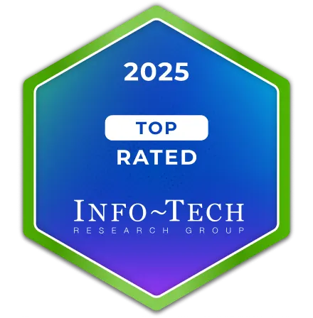 Blue and green hexagonal badge with "2025 TOP RATED" and "Info-Tech Research Group" text