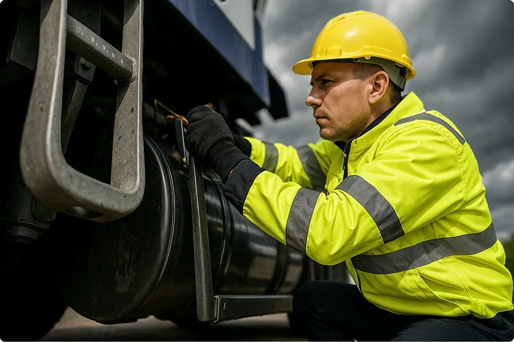 A worker in a yellow reflective jacket and hard hat inspects or repairs a truck component outdoors under a cloudy sky.