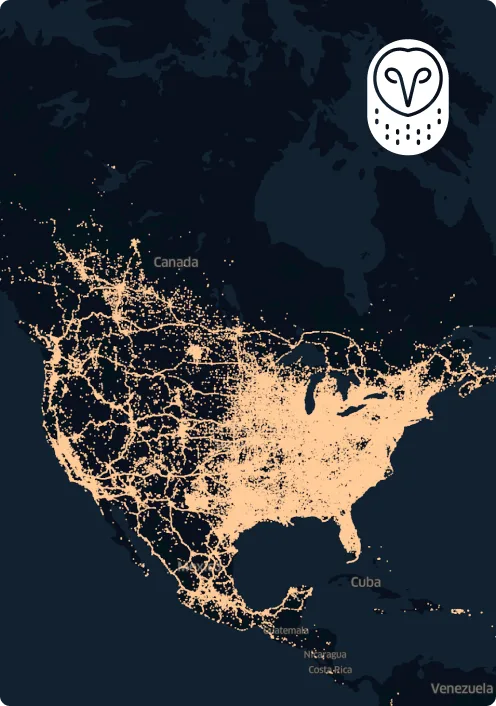 Night map of North America showing illuminated cities and population centers with an owl logo in the top right corner.