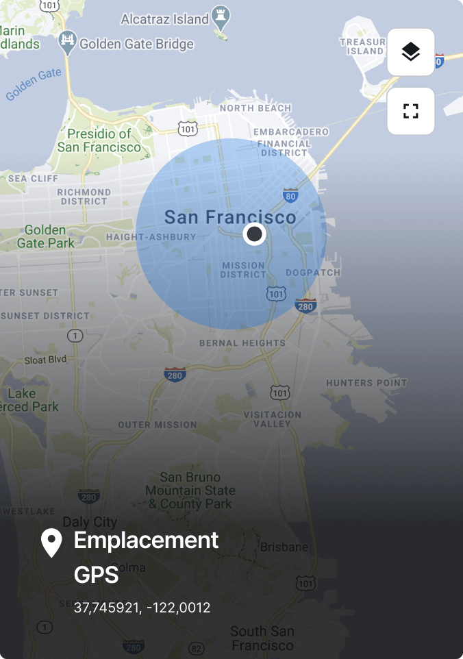 Carte de San Francisco montrant l'emplacement GPS avec un cercle bleu, les coordonnées 37.745921, -122.0012 affichées en bas.