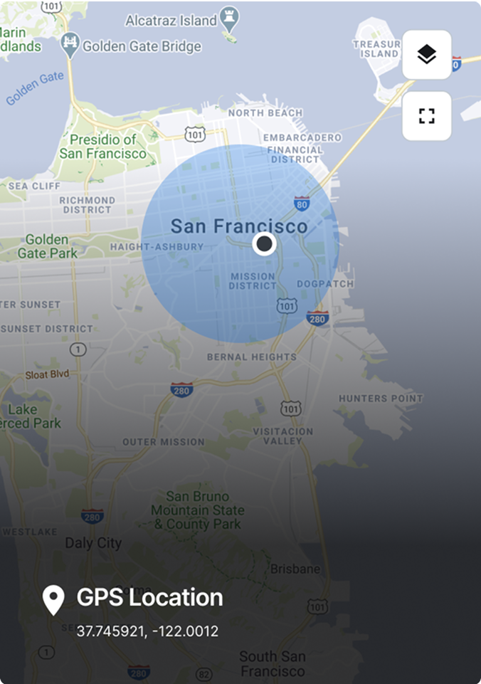 Map of San Francisco showing GPS location with blue radius circle, coordinates 37.745921, -122.0012 displayed at bottom.