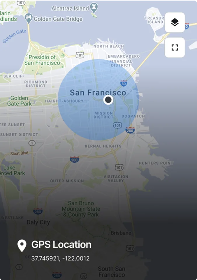 Map of San Francisco showing GPS location with blue radius circle, coordinates 37.745921, -122.0012 displayed at bottom.