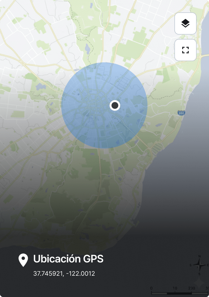 Mapa de San Francisco que muestra el GPS en azul las coordenadas 37.745921, -122.0012 se muestran en la parte inferior.