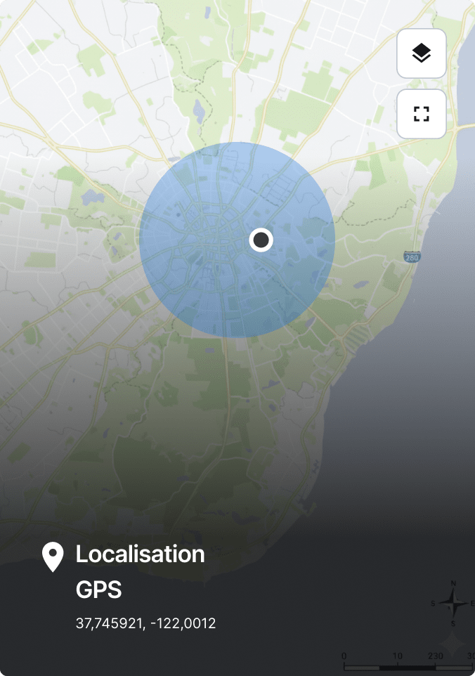 Carte de San Francisco montrant l'emplacement GPS avec un cercle bleu, les coordonnées 37.745921, -122.0012 affichées en bas.