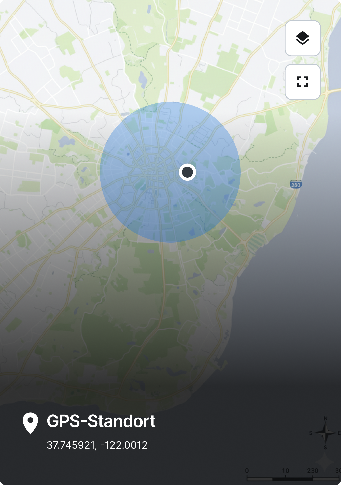 Karte von San Francisco mit GPS-Ort und blauem Radiuskreis, Koordinaten 37.745921, -122.0012 unten angezeigt.