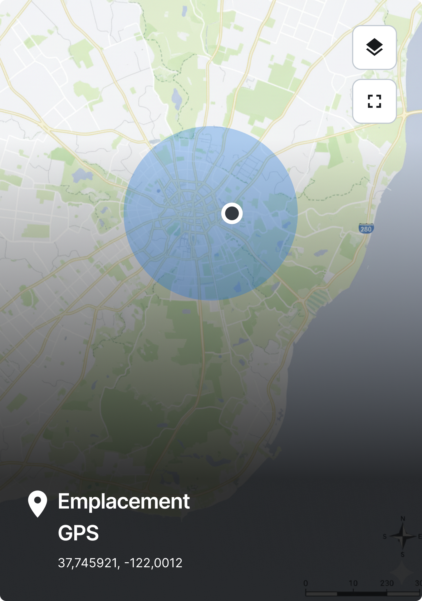 Map of San Francisco showing GPS location with blue radius circle, coordinates 37.745921, -122.0012 displayed at bottom.