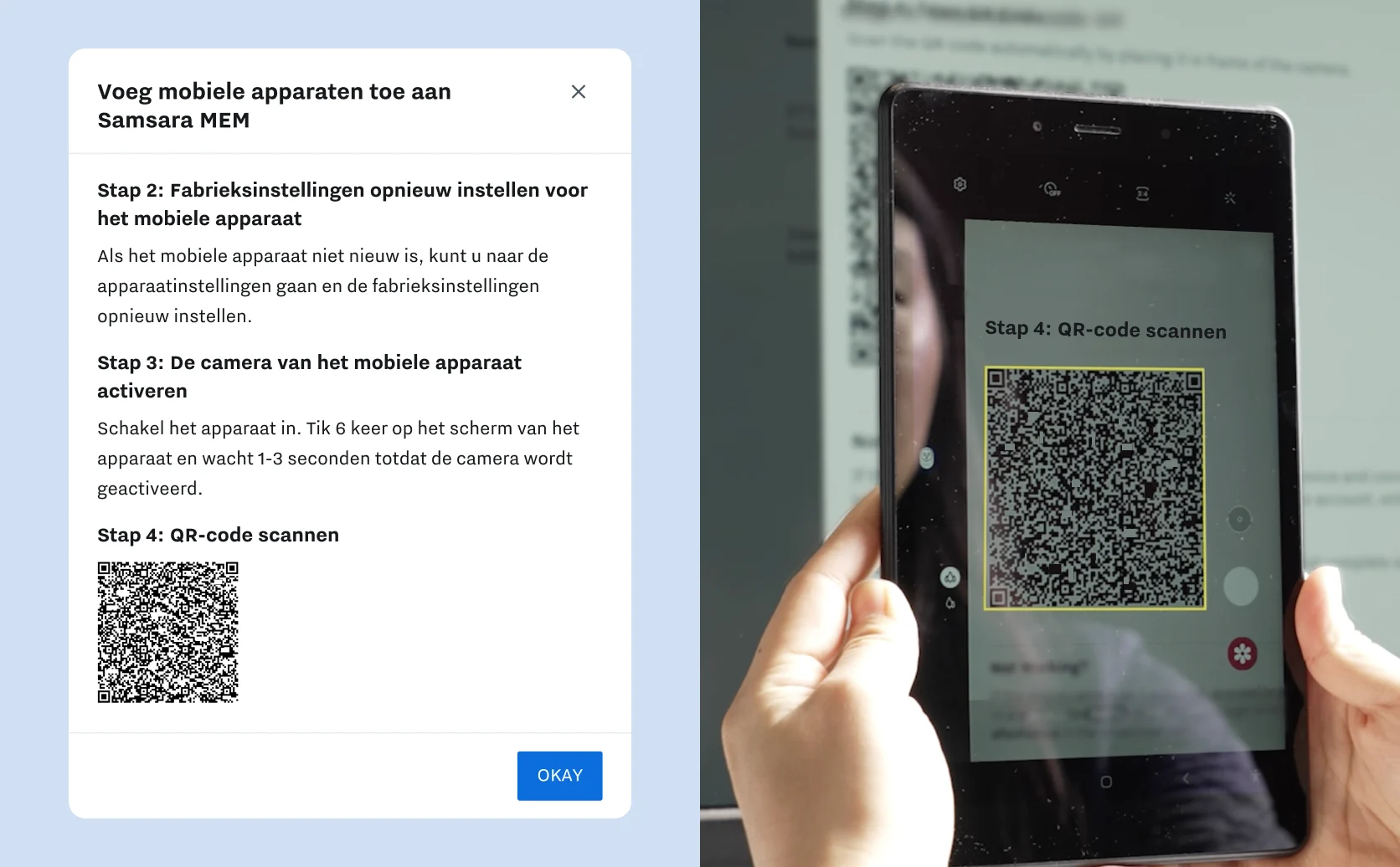 Productafbeelding van MEM-implementatie met specifieke rechten en afbeelding van handen die QR-code scannen met tablet