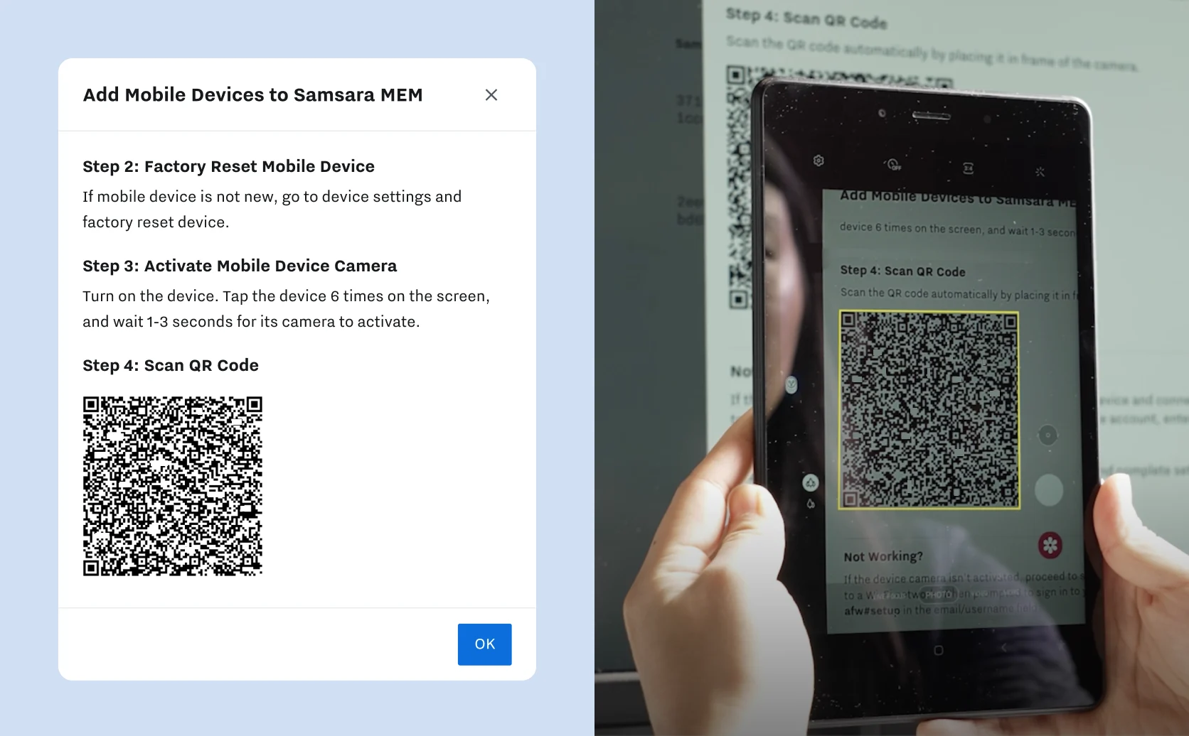 A product shot showing how to provision MEM with specific permissions and an image of hands scanning a QR code with a tablet