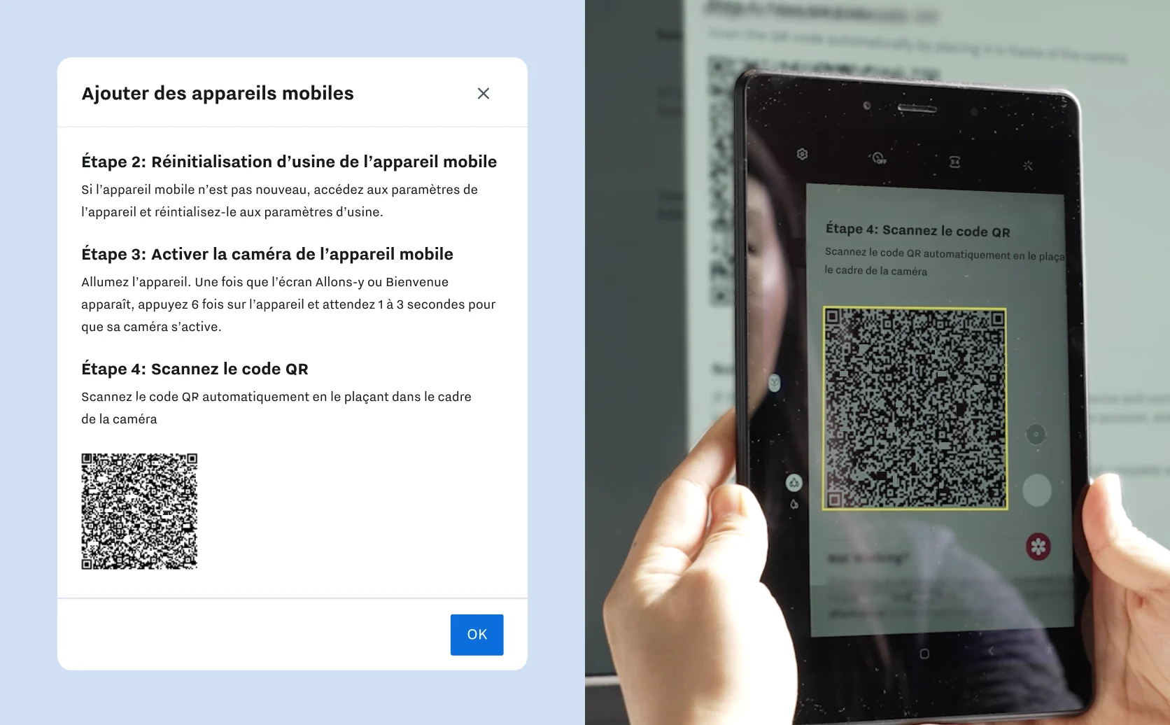 Approvisionnement de la gestion de l'expérience mobile (MEM) et une image de mains scannant un code QR avec une tablette