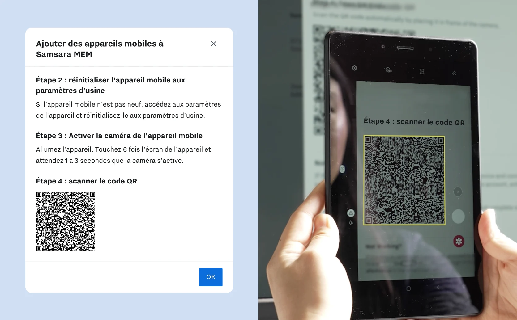 Écran de configuration des autorisations de Gestion de l'expérience mobile et main scannant un code QR avec une tablette