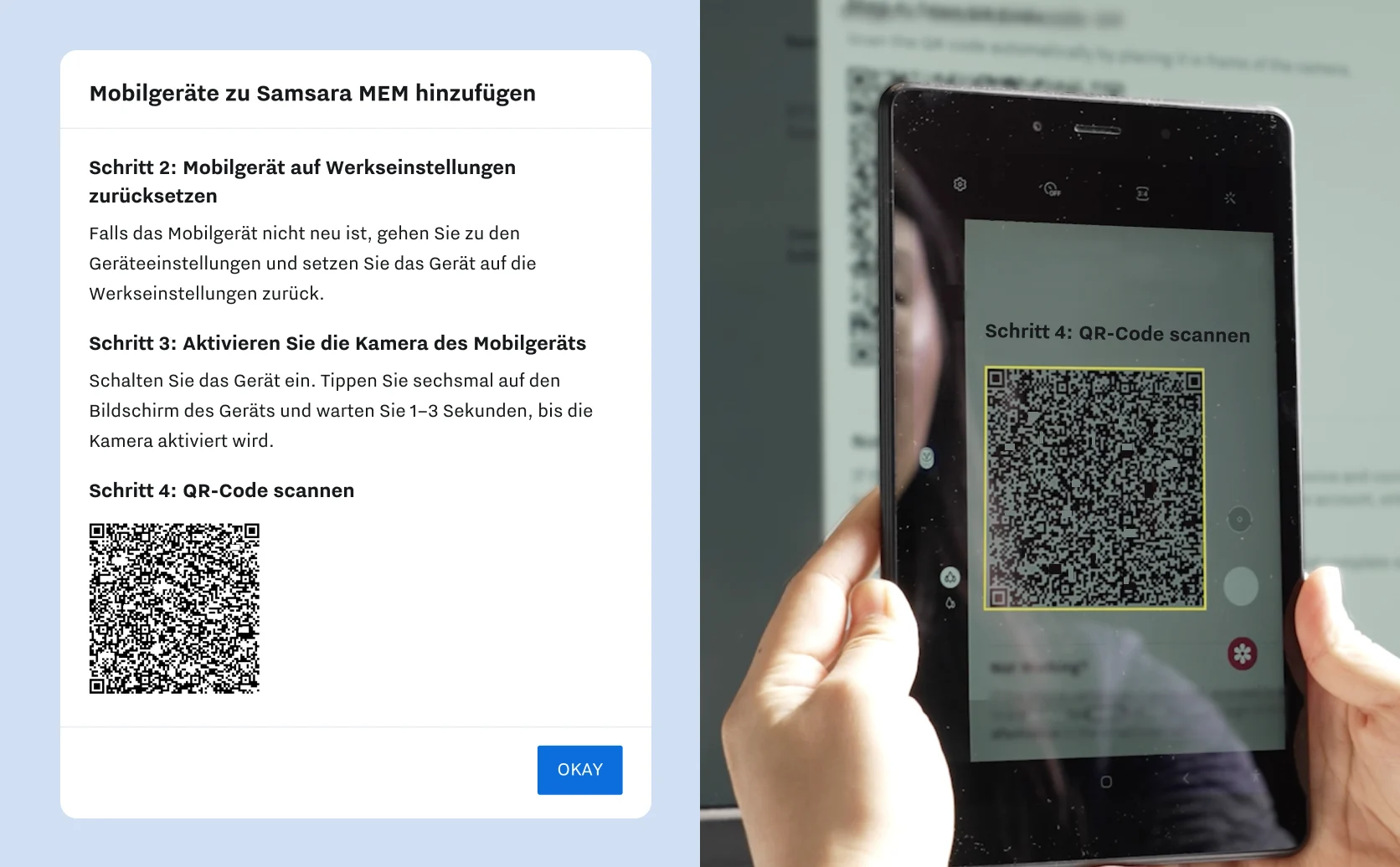 Eine Produktaufnahme, die MEM mit Berechtigungen zeigt und ein Bild von Händen, die einen QR-Code mit einem Tablet scannen