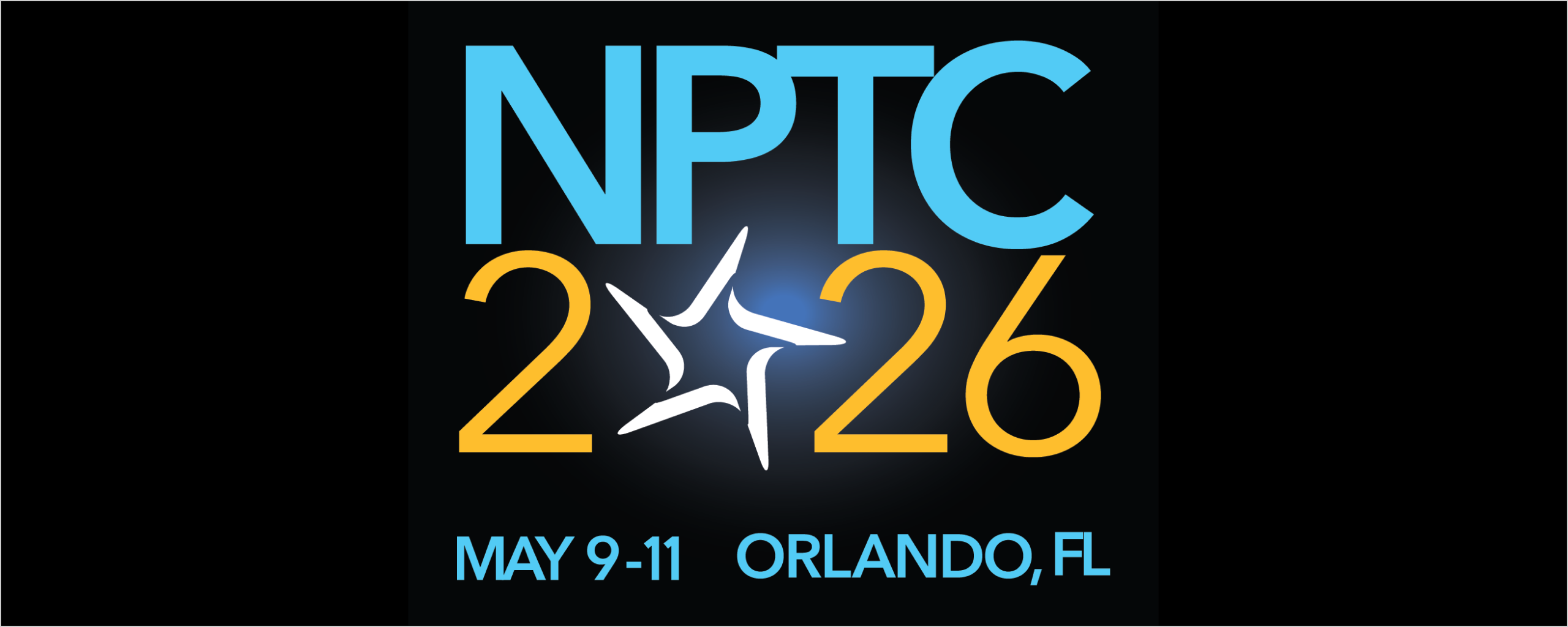 NPTC 2026 logo with blue and gold text, white star icon, and event dates May 9-11 in Orlando, FL on black background.