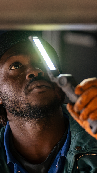 A man wearing a beanie and work gloves holds a bright LED work light, looking upward in a dimly lit space.