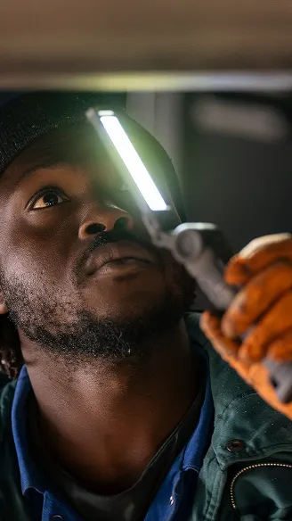 A man wearing a beanie and work gloves holds a bright LED work light, looking upward in a dimly lit space.