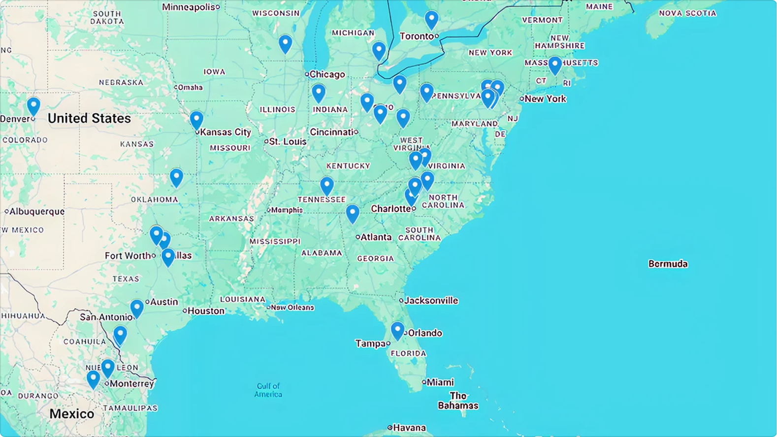 Map of eastern United States with blue location pins marking multiple cities across different states.