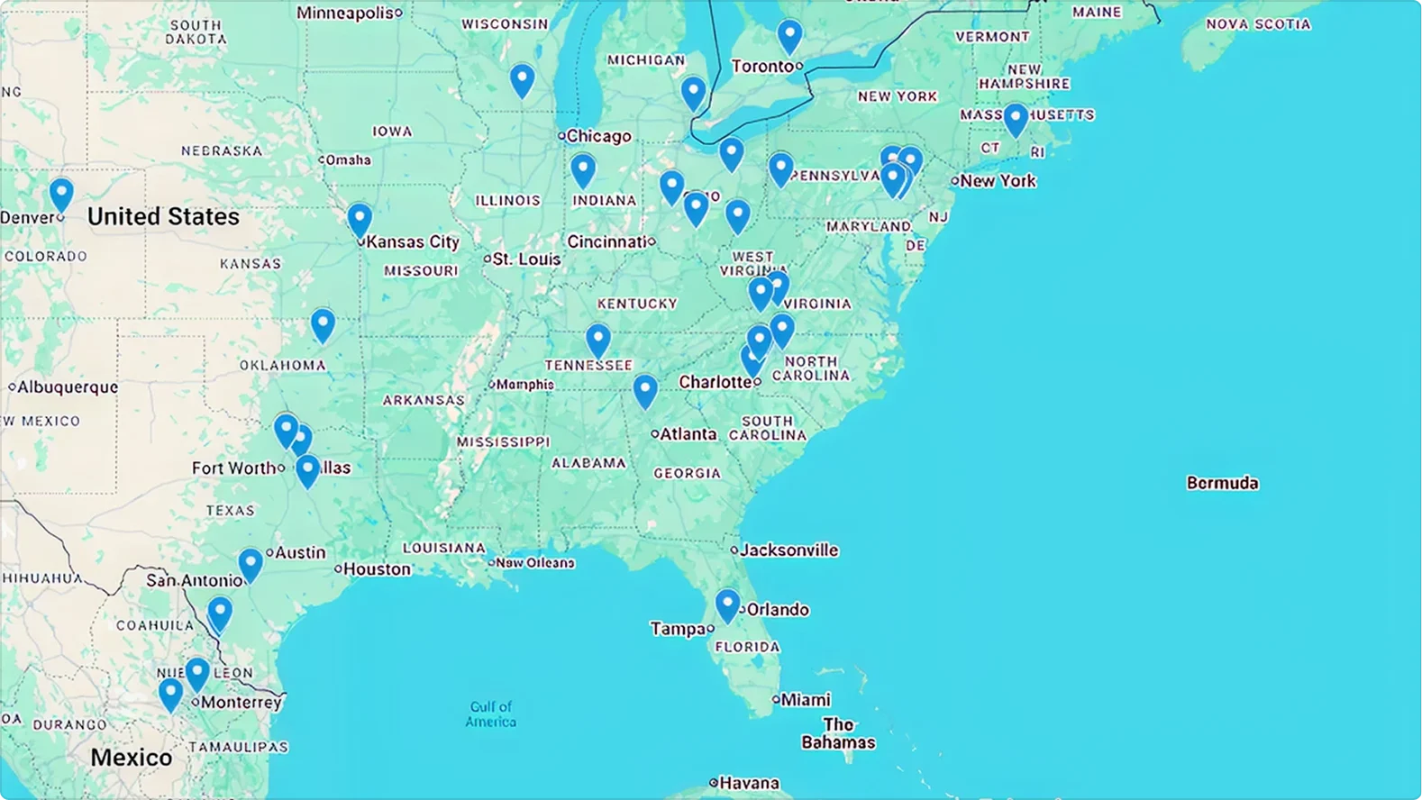 Map of eastern United States with blue location pins marking multiple cities across different states.