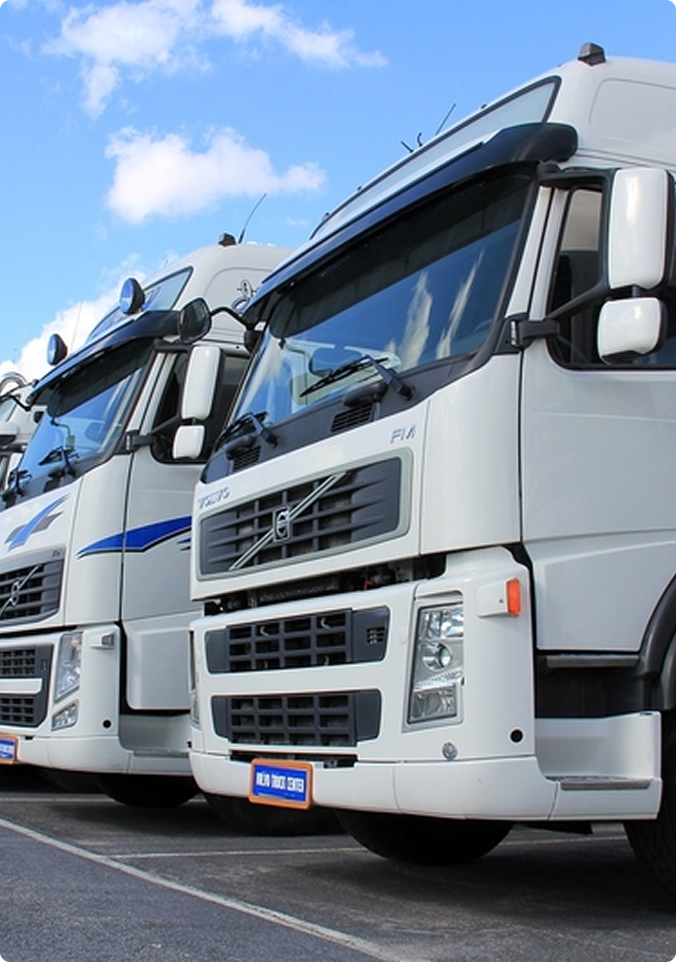 Drie kastanjebruine vrachtwagens op een rij geparkeerd bij laadperrons onder een blauw pakhuis in de schemering.