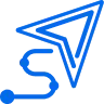 Blue outline of a paper airplane or send icon with a curved path line below it
