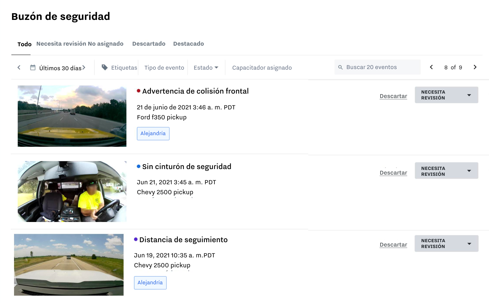 Captura de pantalla de la bandeja de entrada de seguridad para técnicos de seguridad y entrenamiento de Samsara