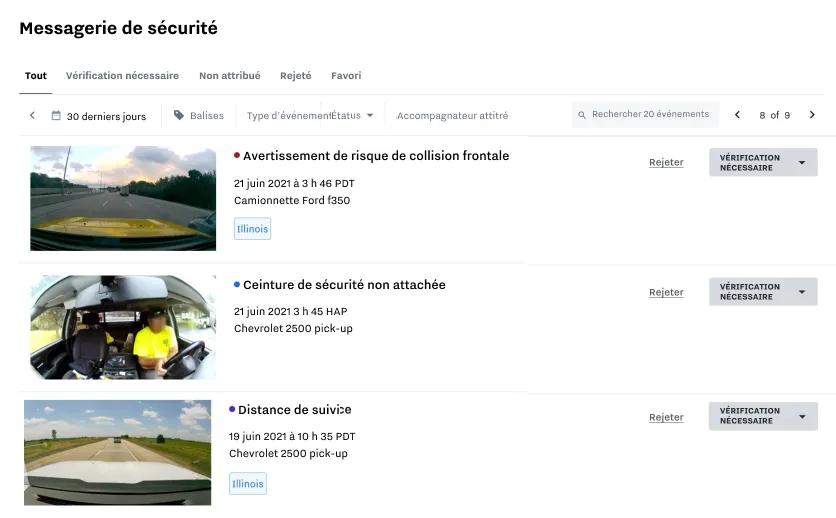 Capture d'écran de la boîte de réception de sécurité pour la sécurité et le coaching des techniciens par Samsara